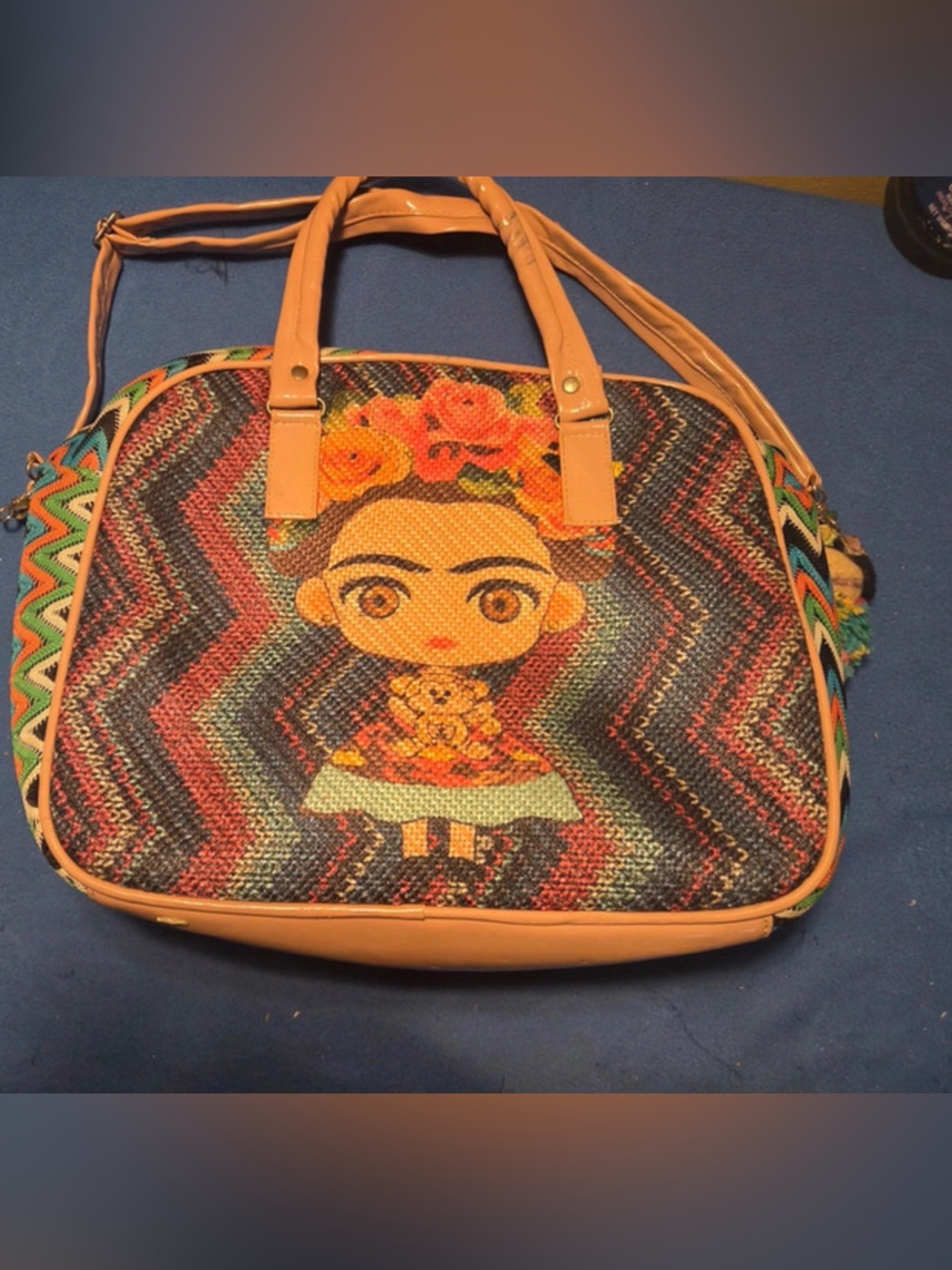 woven Mexican textile handbag featuring a cartoon caricature of Frida Kahlo